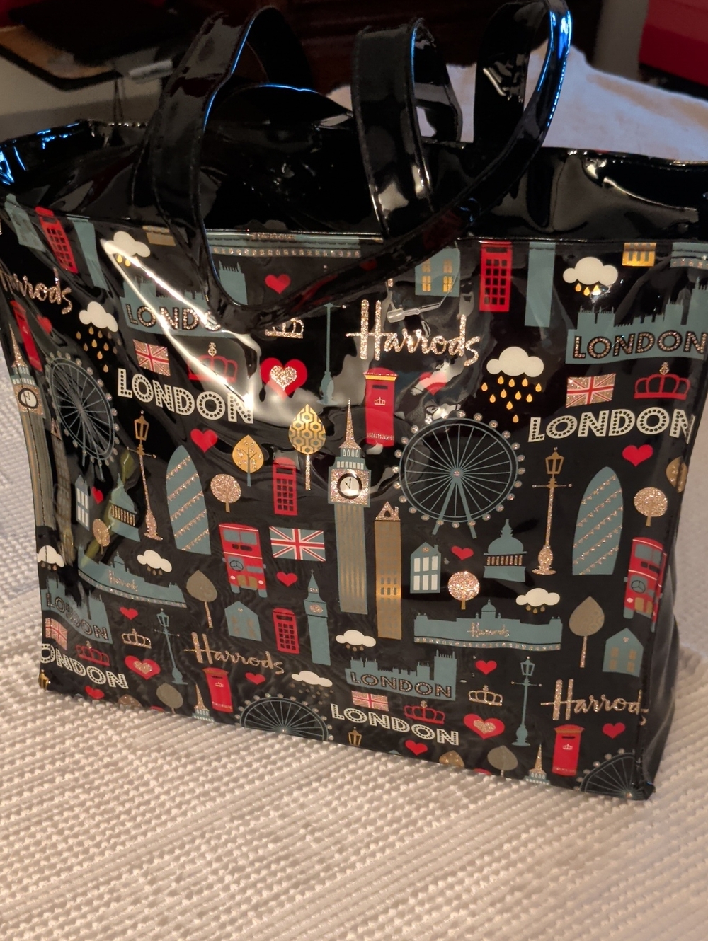 Harrods Black London Motif Glossy Tote with Red and Gold Accents